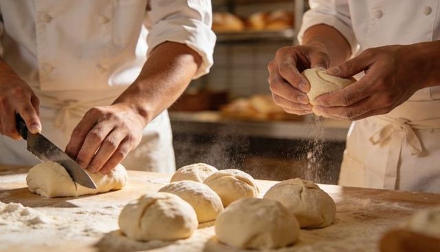 Artisan bakers cutting and shaping dough on floured wooden bench for rustic bread