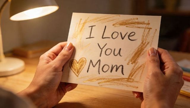 Holding Handmade 'I Love You Mom' Card with Gold Heart and Warm Desk Lamp Light, Cozy Closeup