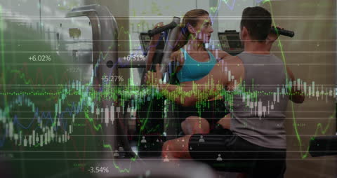 Woman at Gym with Trainer and Stock Market Visualization