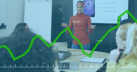 Diverse business meeting with statistical overlay on growth
