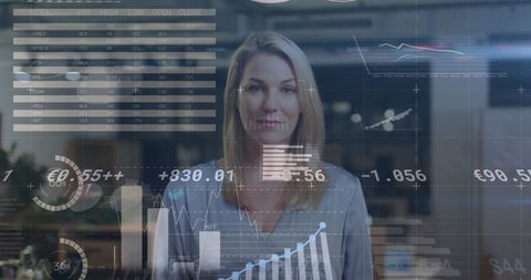 Businesswoman interacting with virtual financial data analytics