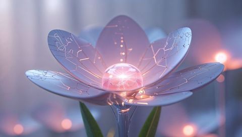 Futuristic Glowing Lotus Flower with Metallic Circuitry Petals