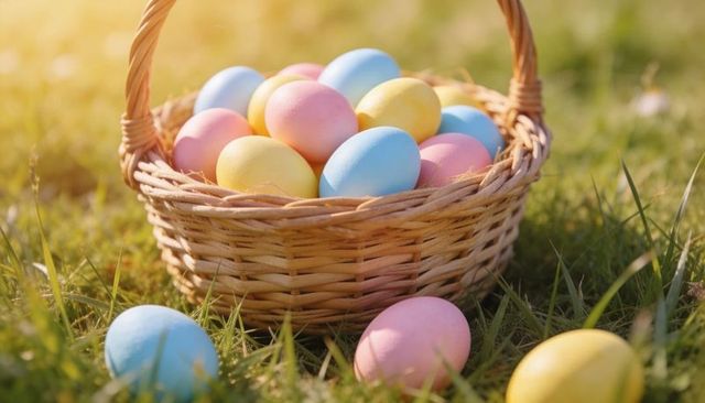Sunlit easter basket overflowing with pastel eggs on green lawn for spring celebration