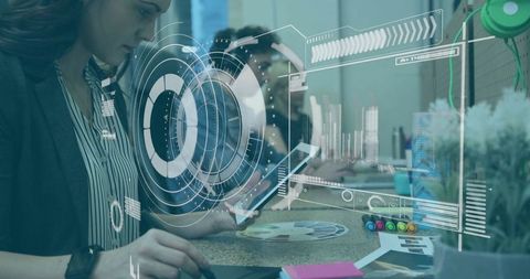 Professional collaboration in futuristic tech workspace