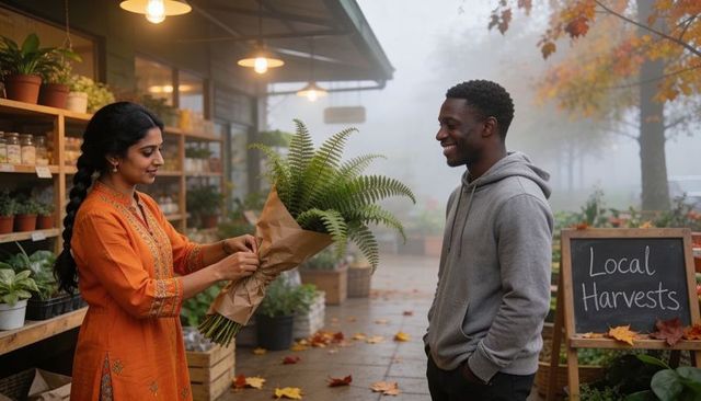 Woman in orange kurta wrapping fern at outdoor plant market stall in autumn mist
