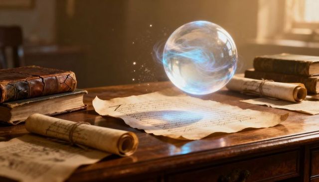 Mystical levitating orb glowing over antique parchments and leather-bound tomes on oak desk