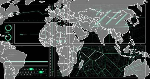 Futuristic Digital Map Overlay with HUD and Analytics Interface