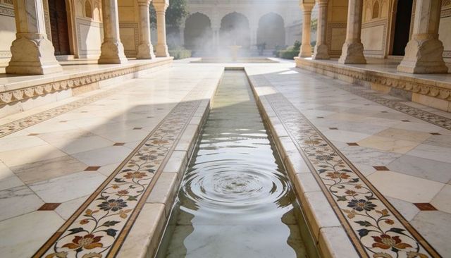 Flowing marble rill rippling through ornate palace colonnade with pietra dura inlay