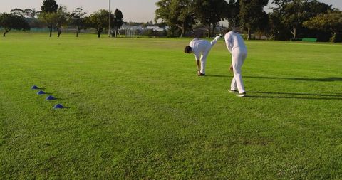 Cricket players practicing fielding drills on sunlit green pitch with blue cones and copy space
