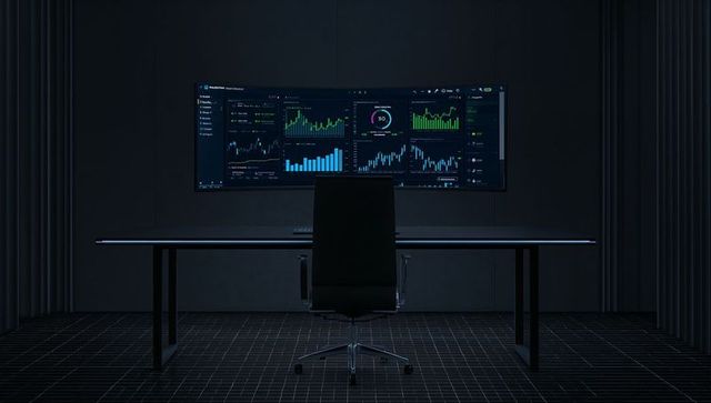 Sleek control room with curved monitor displaying data analytics