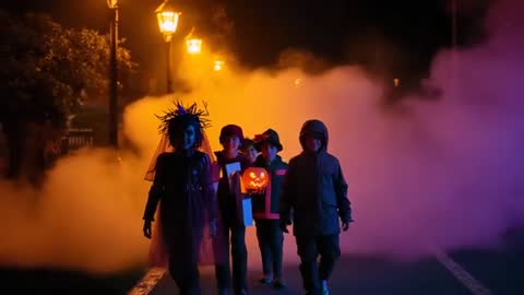 Kids Trick-or-Treating with Spooky Foggy Atmosphere