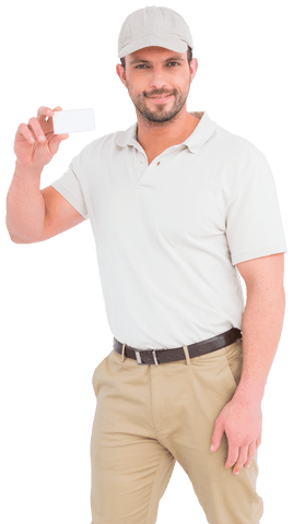Smiling Handyman Holding Blank Visiting Card Transparent Background - Download Free Stock Videos Pikwizard.com