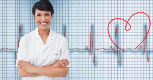 Smiling female doctor with arms crossed standing against heart rate background. Ideal for health-related articles, medical websites, cardiology promotions, and healthcare advertising. Perfect for illustrating concepts of heart health, medical care, and professional healthcare services.