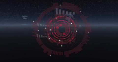 Red Futuristic HUD Interface Hovering Over Starfield Horizon