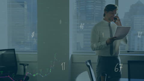 Businessman Analyzing Data in Office with Digital Graph Overlay