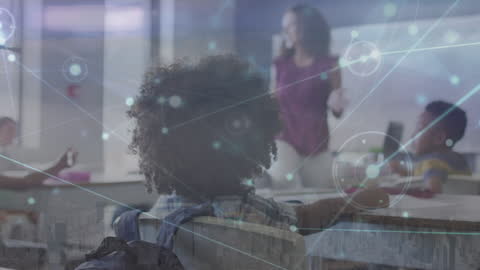 Digital Learning Classroom with Teacher and Diverse Students