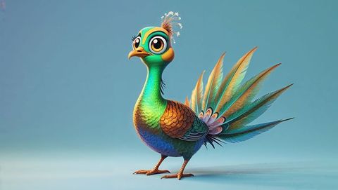 Whimsical cartoon peacock animal with vibrant teal and amber tail