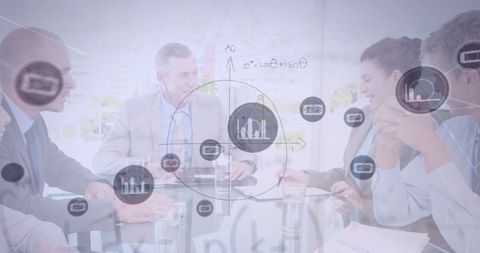 Diverse business team analyzing data with mathematical concepts
