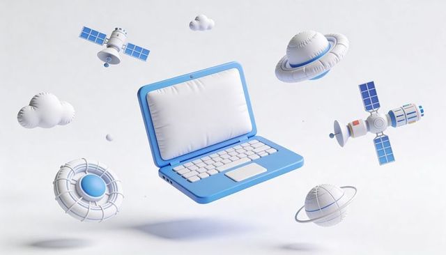 Floating blue laptop displaying pillow screen amid orbiting satellites and pastel space