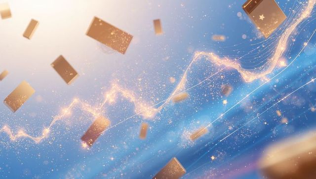 Glowing Gold Cards Floating through Blue Cosmic Gradient with Sparkling Light Trail