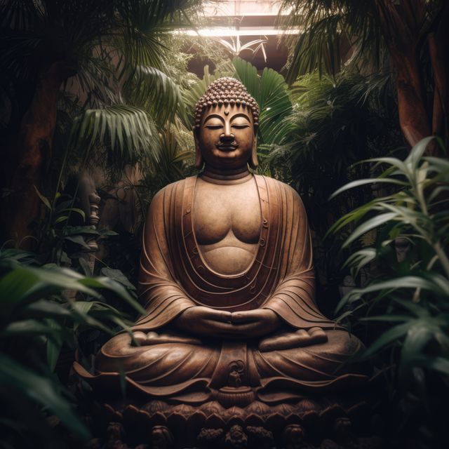 Close up of buddha statue and plants, created using generative ai technology. Buddha, buddhism, religion and tradition concept digitally generated image.