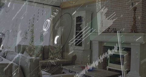 Minimalist living room blending cozy interior with digital financial overlays