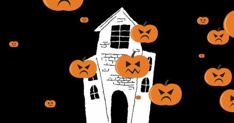 Spooky Haunted House with Floating Jack-o'-Lanterns on Dark Background