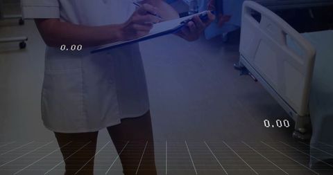 Nurse Documenting Patient Notes in Modern Hospital Aisle