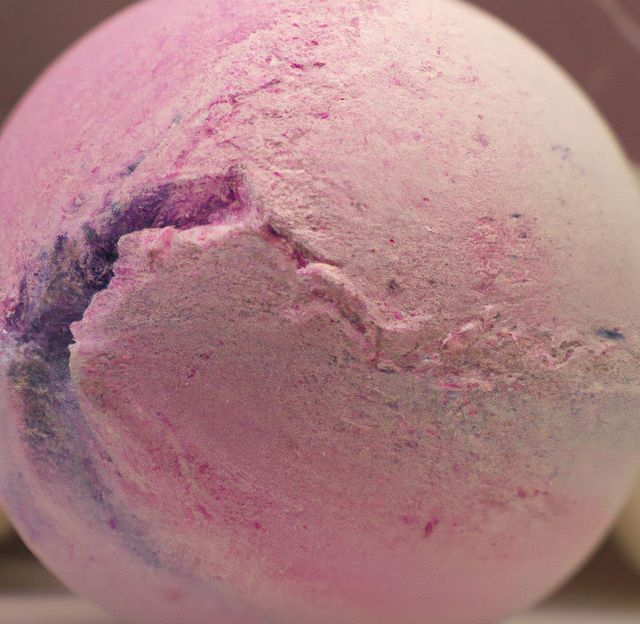 This close-up showcases the textured surface of a pink and purple bath bomb. Ideal for beauty blogs, spa advertisements, and social media posts about relaxation and self-care. Perfect for illustrating the luxury of bath products and promoting indulgence in personal care routines.