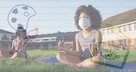 Child meditating outdoors with art icon overlays