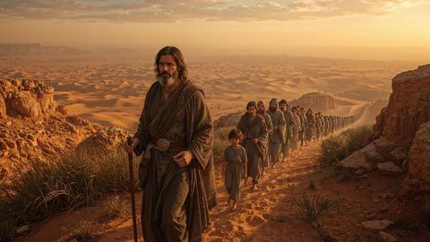 Bearded leader with wooden staff leading journey across desert at sunset