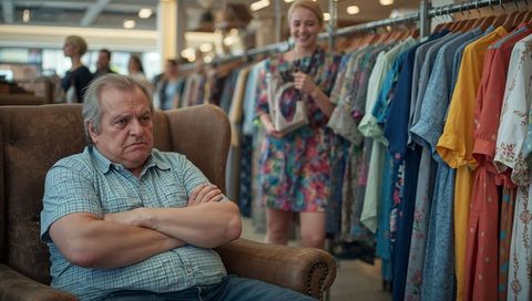 Older Man Sitting with Crossed Arms in Clothing Store Armchair Showing Frustration