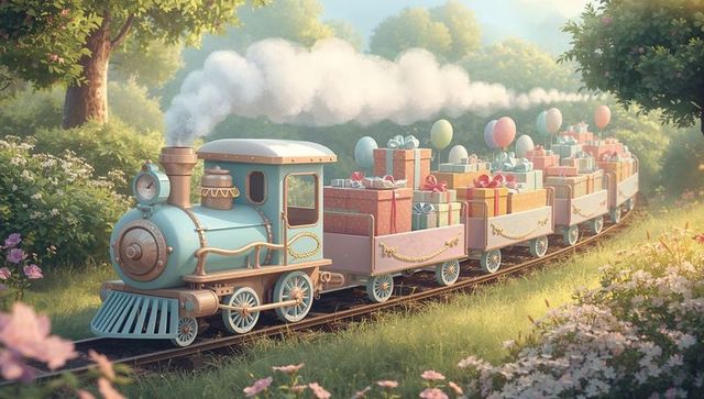 Chugging teal vintage steam train pulling gift-filled cars with balloons through sunlit flower garde