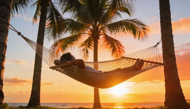 Man reclining in hammock at tropical sunset under palm trees on beach