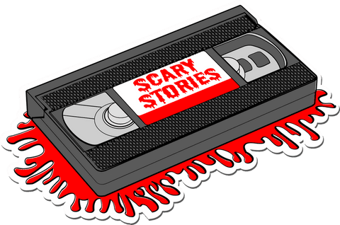 Vhs cassette with scary stories label and dripping red design