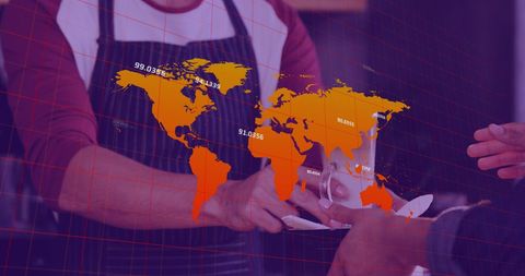 World map overlay with caucasian waiter serving coffee