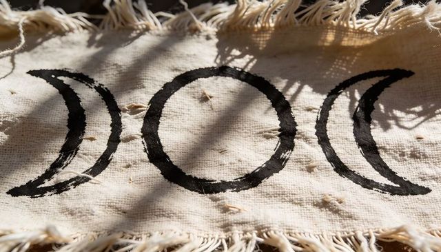 Boho triple moon woven banner featuring crescent trio and frayed fringe in soft sunlight