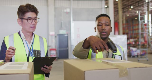 Warehouse workers are actively engaged in scanning packages and reviewing inventory details. One worker is holding a barcode scanner, carefully checking each package, while the other is making notes on a clipboard. The environment reflects an organized distribution center, suggesting themes of efficiency and logistics. This scene can be used to illustrate the concepts of manual labor, productivity, and supply chain management in business presentations and related articles.
