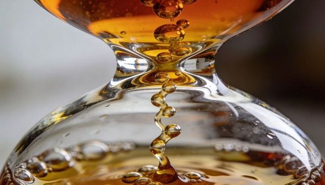 Macro closeup of amber liquid forming bubble chain flowing through glass hourglass waist