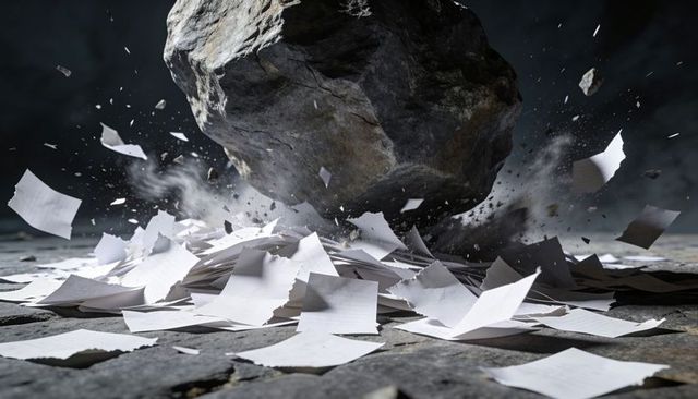 Crashing Boulder Sending White Pages Flying Over Cracked Stone Floor