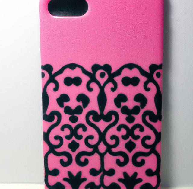 Close up of pink phone case with pattern on white background. Phone accessories, design and protection.
