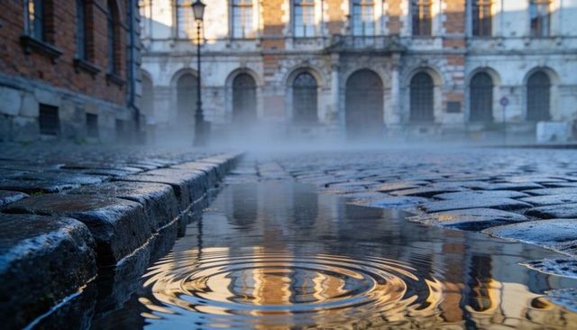 Golden reflection rippling in cobblestone puddle with historic arches and morning mist