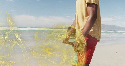 Father and Son Enjoying Vibrant Beach Walk with Magical Accents