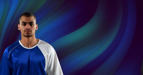 Asian Athlete Wearing Blue Jersey with Abstract Swirl Background