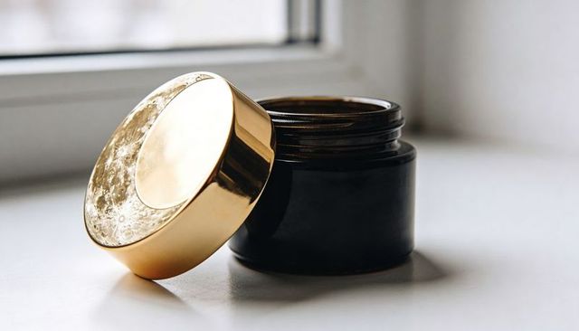 Luxury black cosmetic jar leaning open with reflective gold lid catching soft daylight