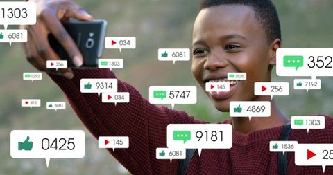 Young woman taking outdoor selfie with smartphone and floating social media notifications