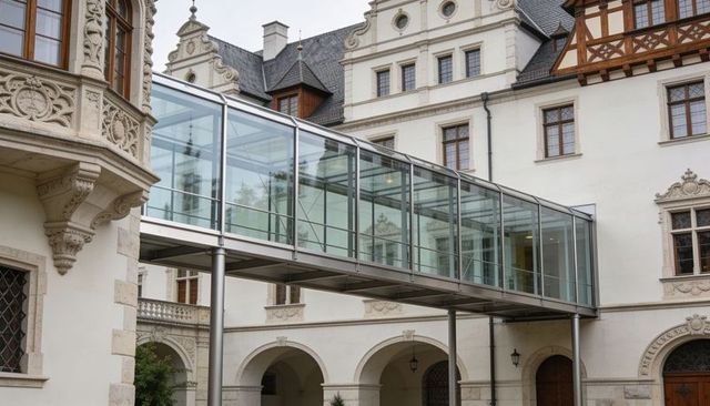 Glazed glass skybridge connecting historic stone courtyard wings, showing metal support columns