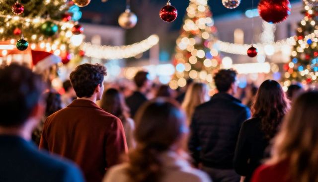 Evening crowd walking through christmas market with glowing lights and ornaments, baubles