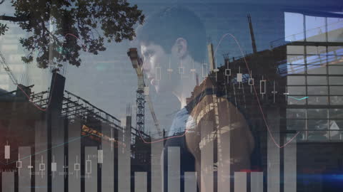 Businessman with Financial Data Overlay Lifting Weights Concept