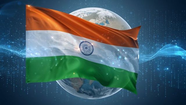 Indian flag waving over digital earth in futuristic scene
